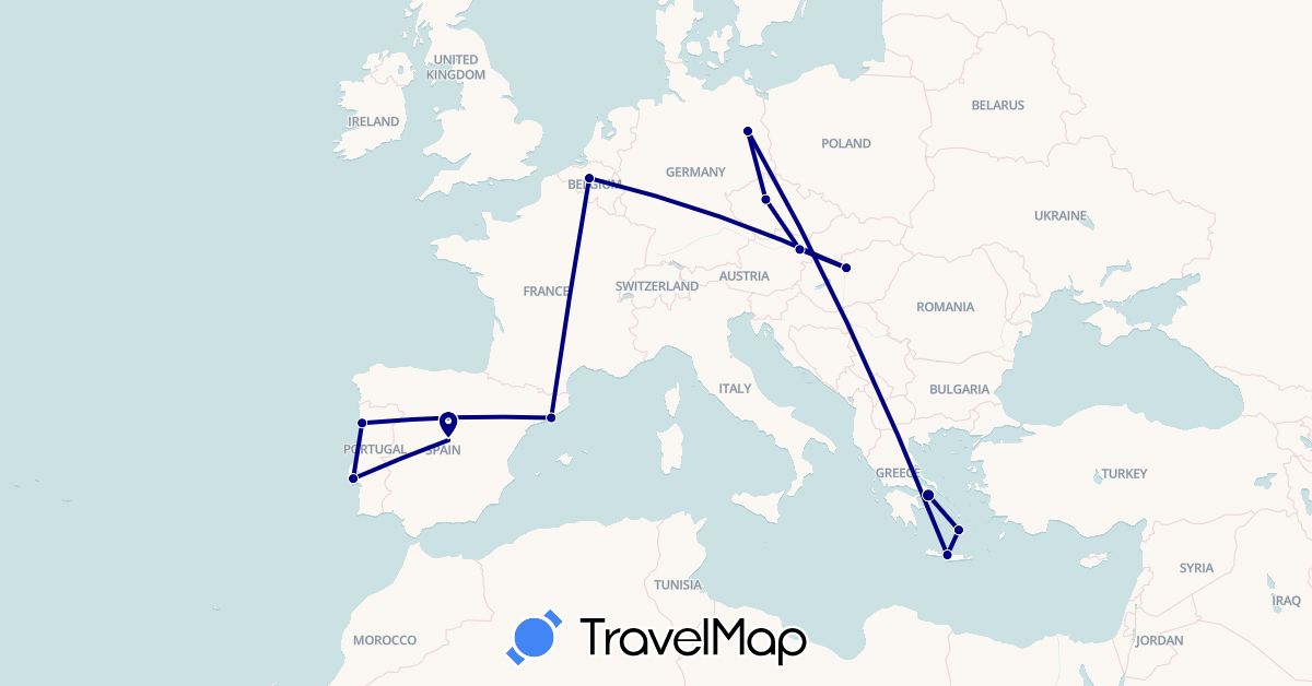 TravelMap itinerary: driving in Austria, Belgium, Czech Republic, Germany, Spain, Greece, Hungary, Portugal (Europe)